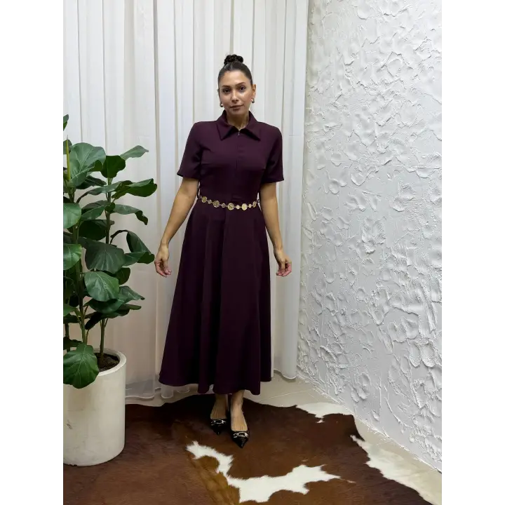 Belden Bağlamalı Kısa Kollu Gömlek Yaka Maksi Boy Elbise - Bordo