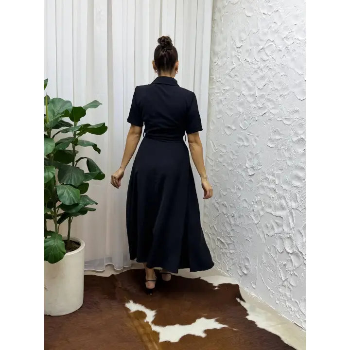 Belden Bağlamalı Kısa Kollu Gömlek Yaka Maksi Boy Elbise - Lacivert