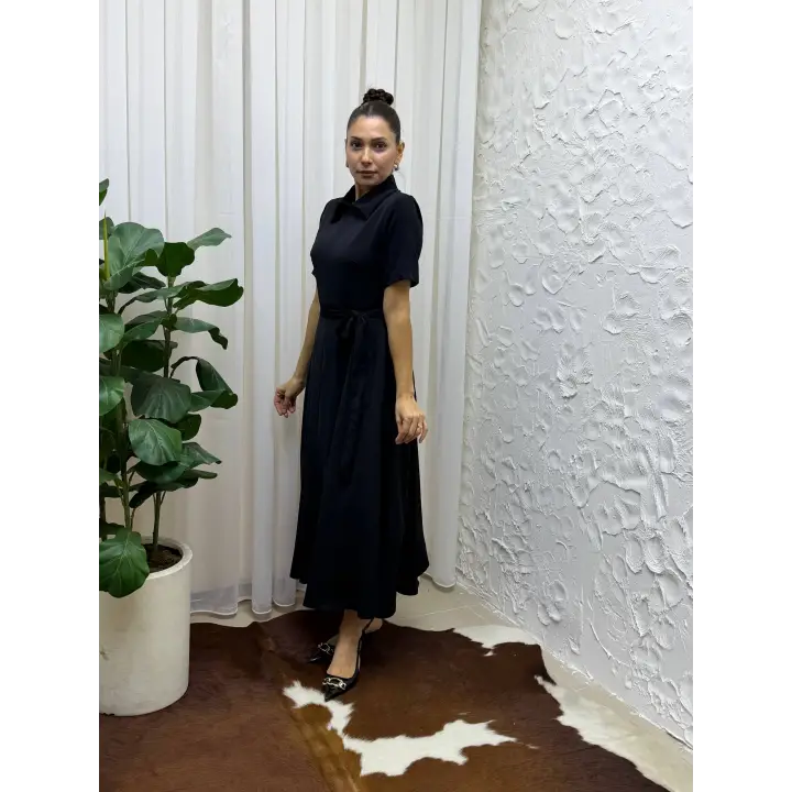 Belden Bağlamalı Kısa Kollu Gömlek Yaka Maksi Boy Elbise - Lacivert