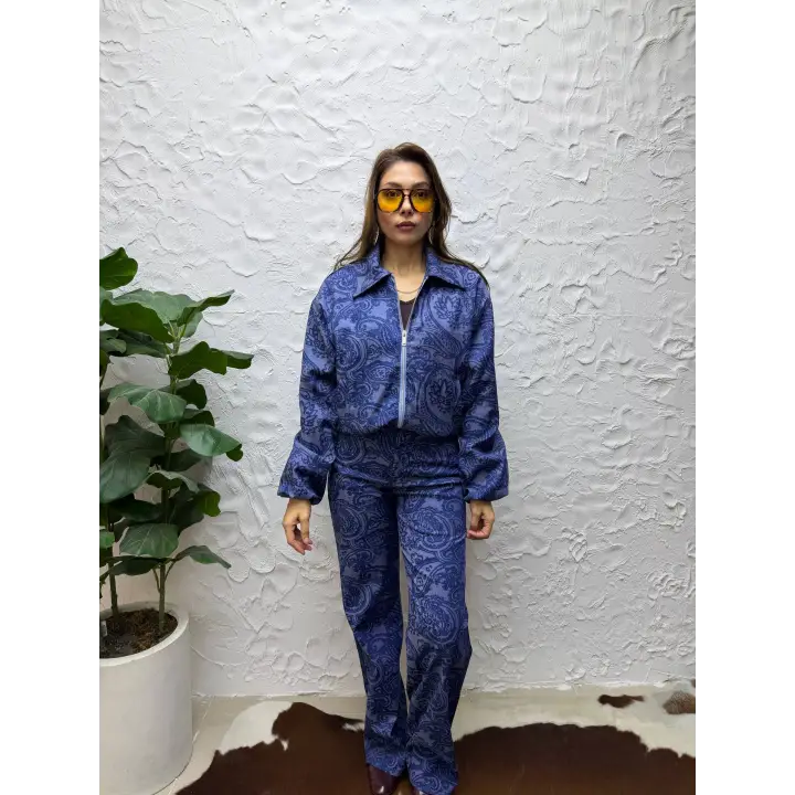 Retro Kesim Fermuarlı Desenli Ceket & Palazzo Pantolon Set