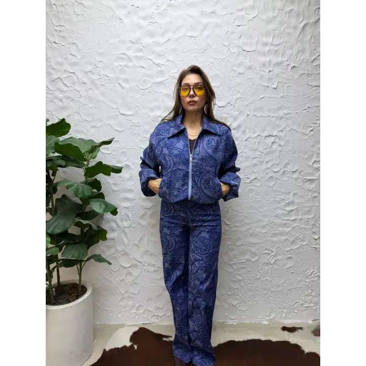 Retro Kesim Fermuarlı Desenli Ceket & Palazzo Pantolon Set
