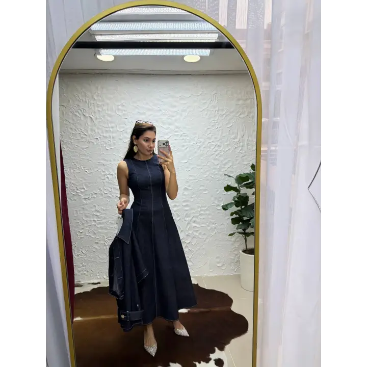 Kontrast Dikişli Kısa Denim Ceket ve Yüksek Bel Kloş Jean Ete Takım