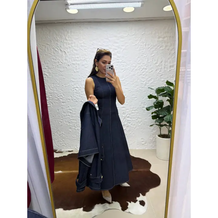 Kontrast Dikişli Kısa Denim Ceket ve Yüksek Bel Kloş Jean Ete Takım