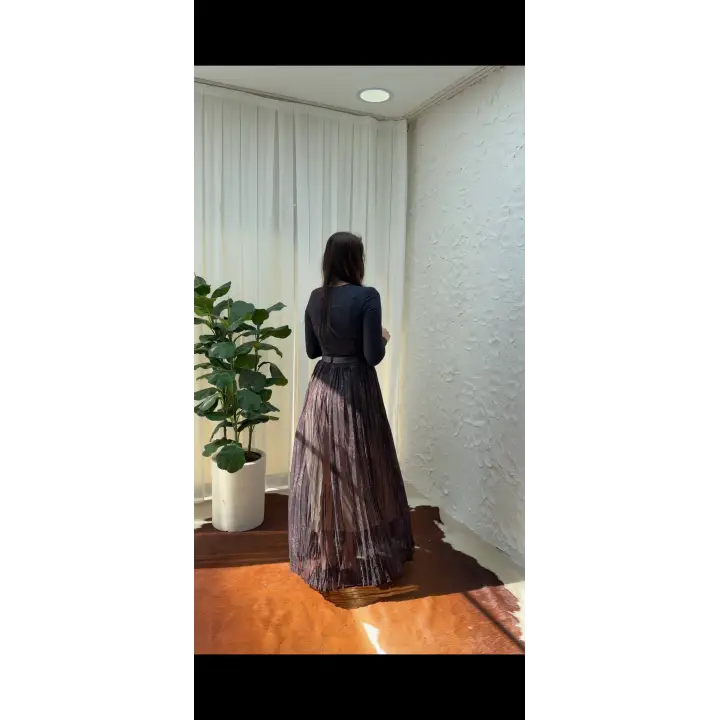 Siyah Kemerli Pileli Uzun Etek | Astarlı Rahat Kesim