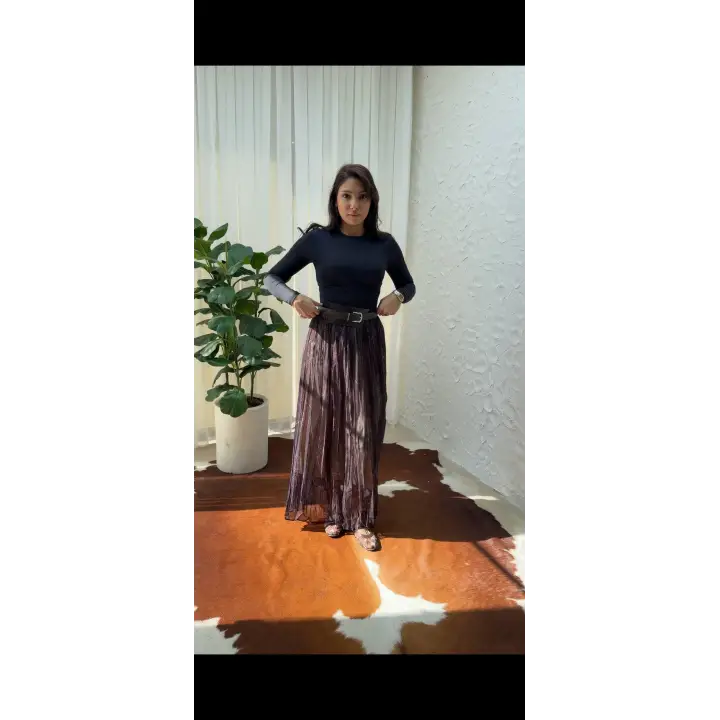 Siyah Kemerli Pileli Uzun Etek | Astarlı Rahat Kesim