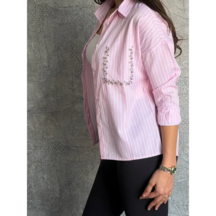 Pembe Cebi Taşlı Çizgili Gömlek