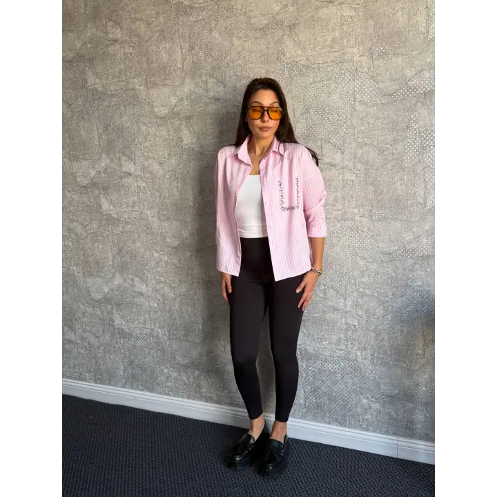 Pembe Cebi Taşlı Çizgili Gömlek