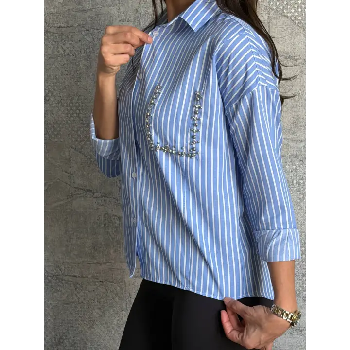 Mavi Cebi Taşlı Çizgili Gömlek