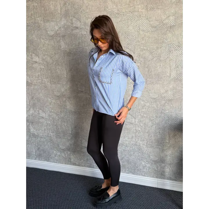 Mavi Cebi Taşlı Çizgili Gömlek