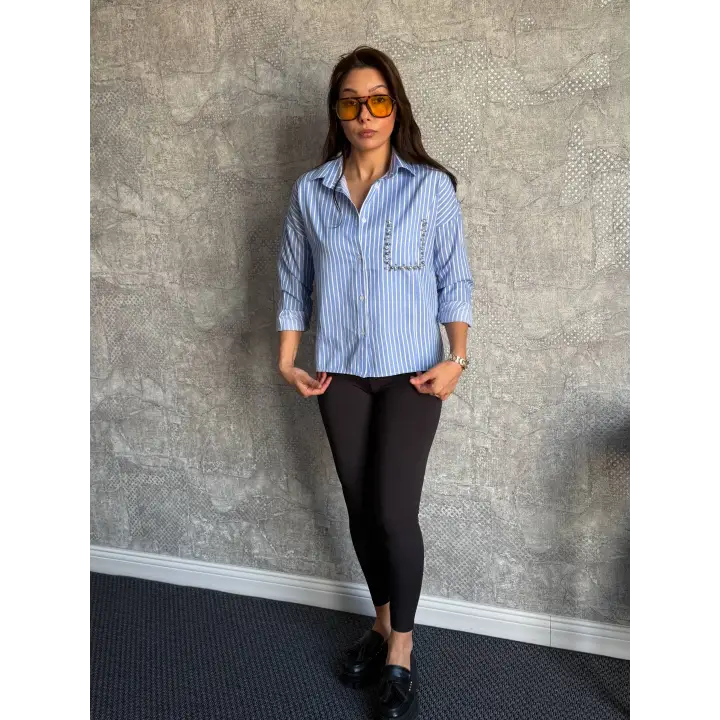 Mavi Cebi Taşlı Çizgili Gömlek