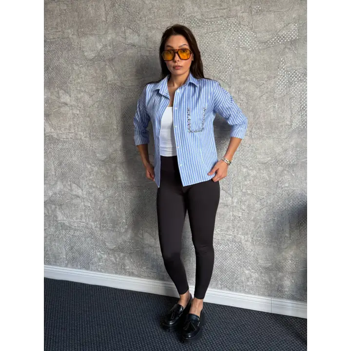 Mavi Cebi Taşlı Çizgili Gömlek