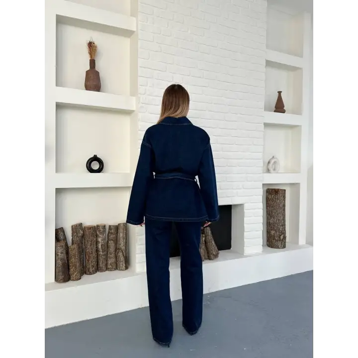 Bağlamalı Lacivert Ceket Pantolon Kot Takım
