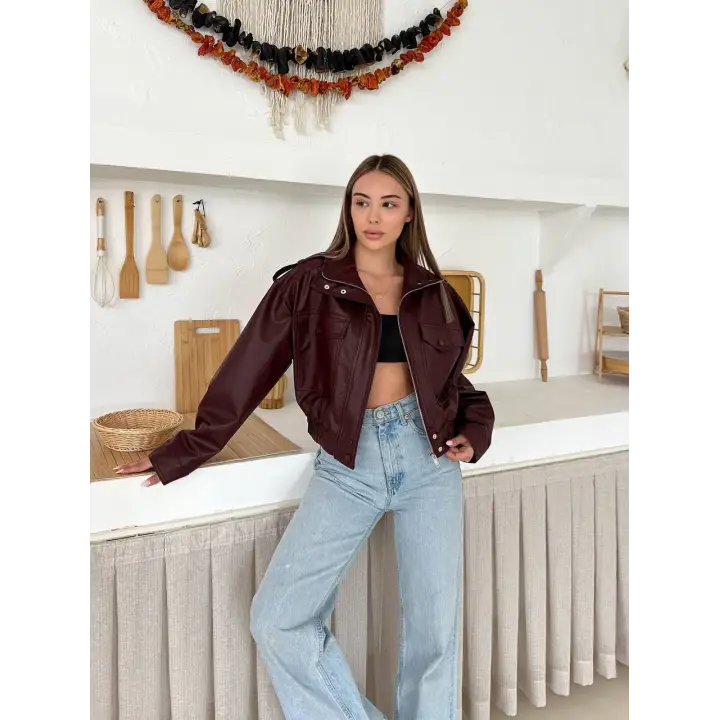 Bomber Suni Deri Premium Ceket Bordo