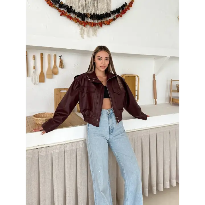 Bomber Suni Deri Premium Ceket Bordo
