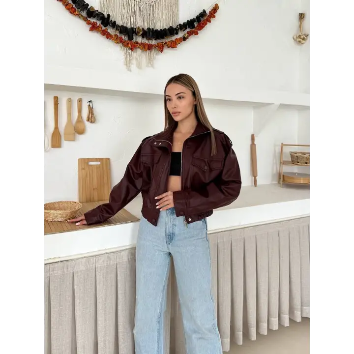 Bomber Suni Deri Premium Ceket Bordo