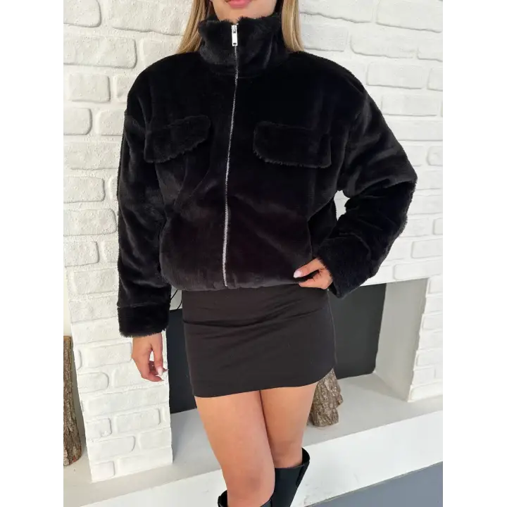 Dik Yaka Kısa Astarlı Peluş Ceket Siyah