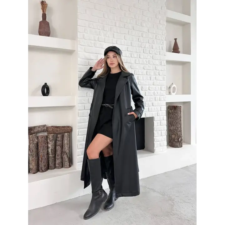 Kemerli Astarlı Uzun Deri Kaban Siyah
