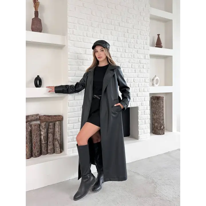 Kemerli Astarlı Uzun Deri Kaban Siyah