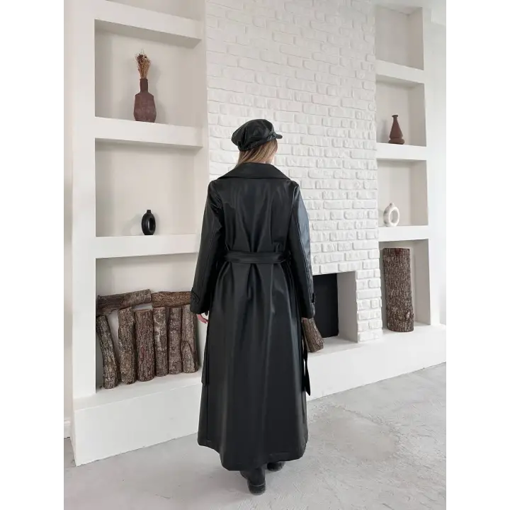 Kemerli Astarlı Uzun Deri Kaban Siyah