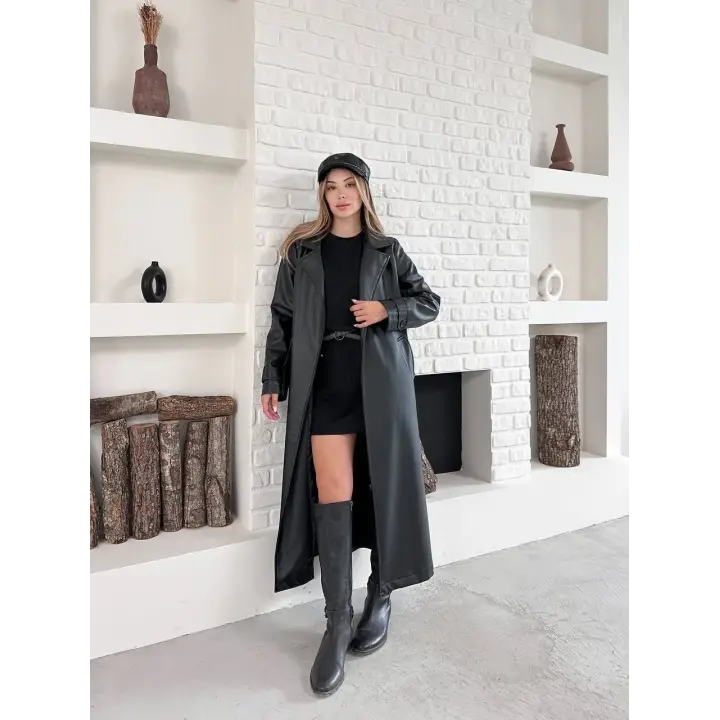 Kemerli Astarlı Uzun Deri Kaban Siyah