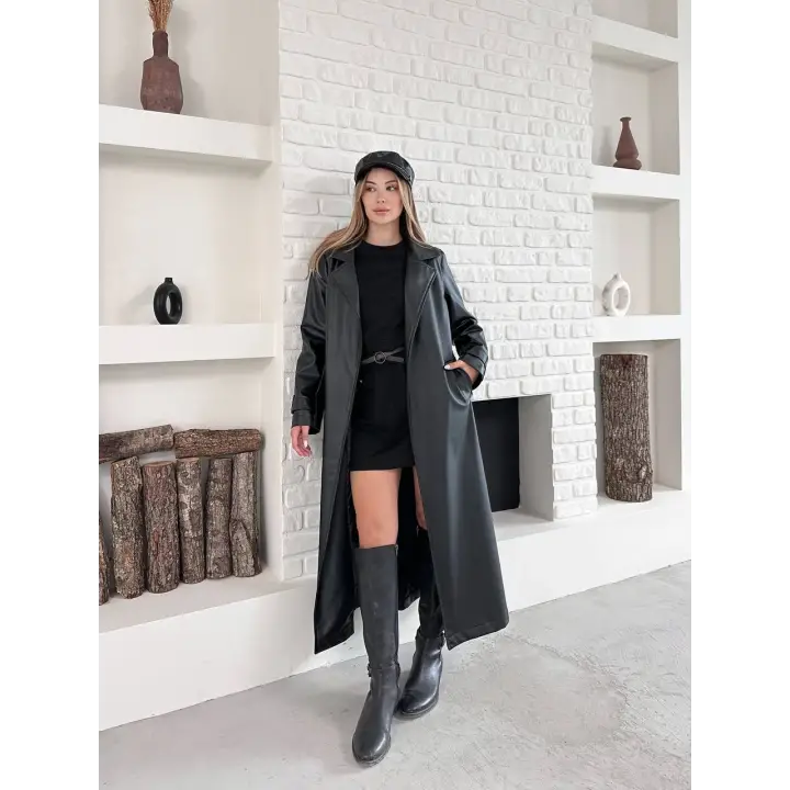 Kemerli Astarlı Uzun Deri Kaban Siyah