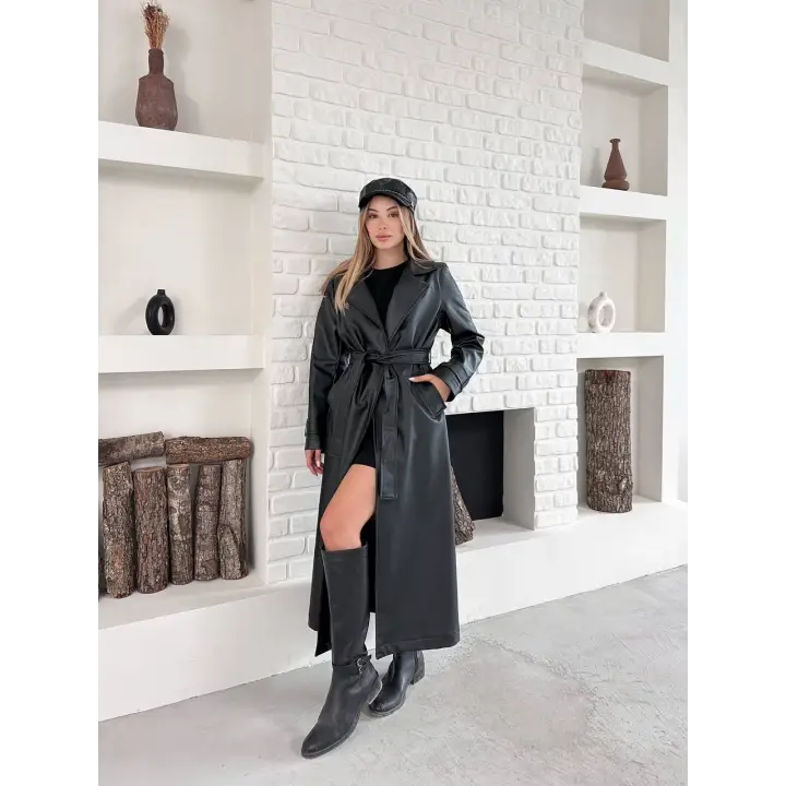 Kemerli Astarlı Uzun Deri Kaban Siyah