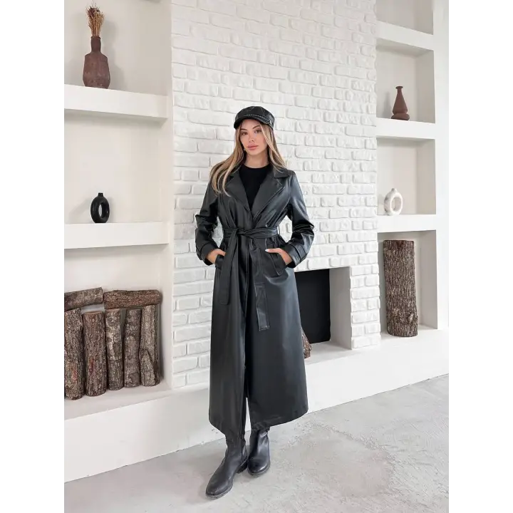 Kemerli Astarlı Uzun Deri Kaban Siyah