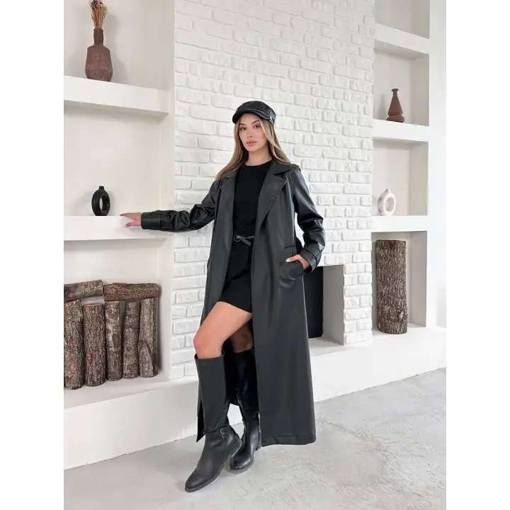 Kemerli Astarlı Uzun Deri Kaban Siyah