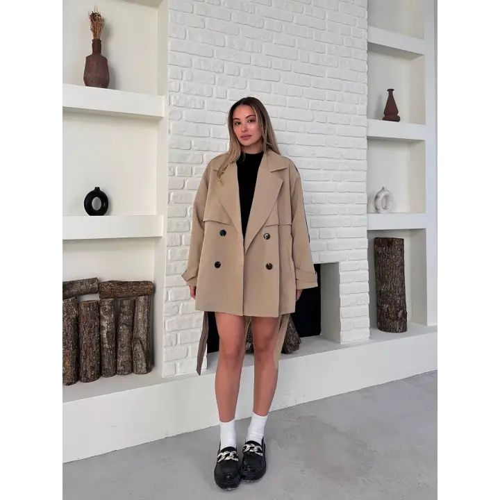 Kısa Rüzgarlık Kuşaklı Kruvaze Trençkot Bej