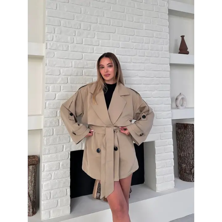 Kısa Rüzgarlık Kuşaklı Kruvaze Trençkot Bej