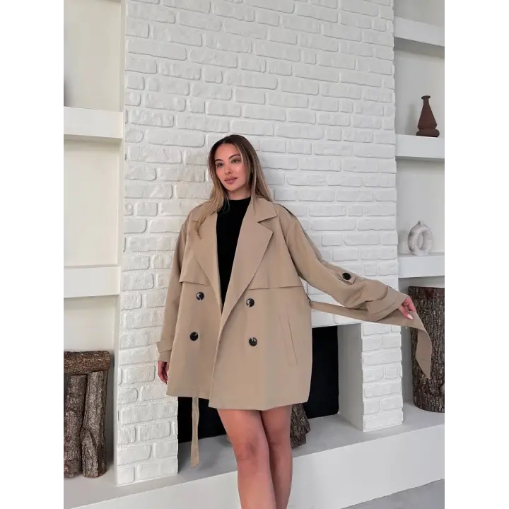 Kısa Rüzgarlık Kuşaklı Kruvaze Trençkot Bej