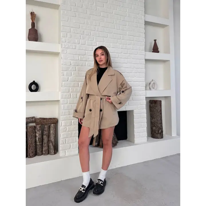 Kısa Rüzgarlık Kuşaklı Kruvaze Trençkot Bej
