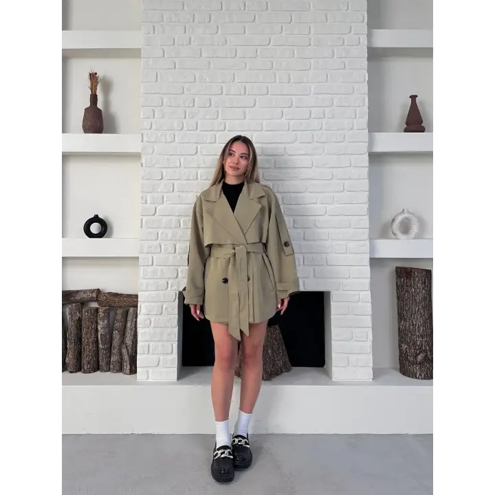 Kısa Rüzgarlık Kuşaklı Kruvaze Trençkot Haki