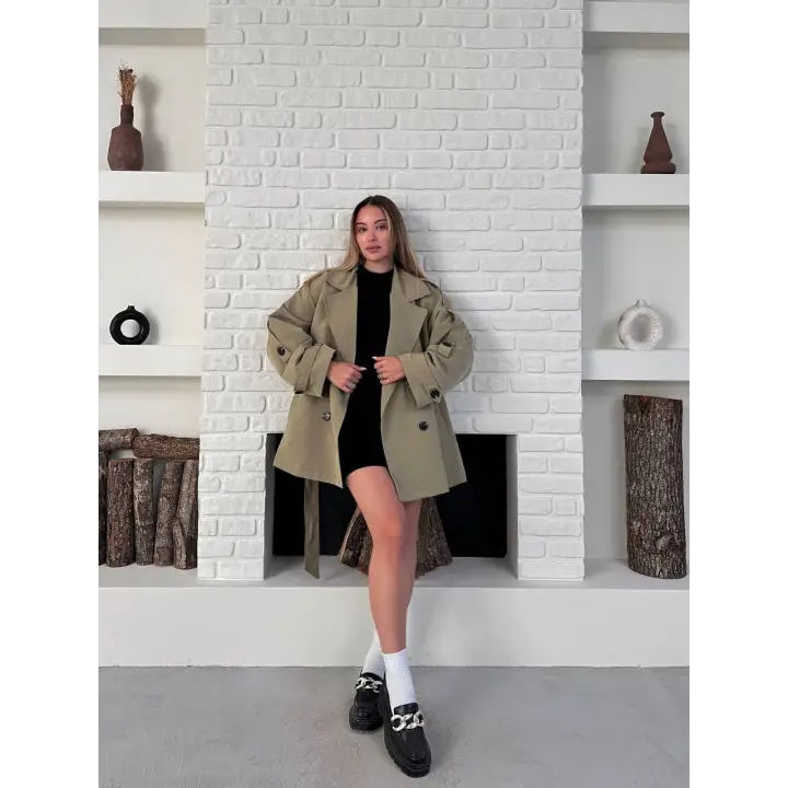 Kısa Rüzgarlık Kuşaklı Kruvaze Trençkot Haki
