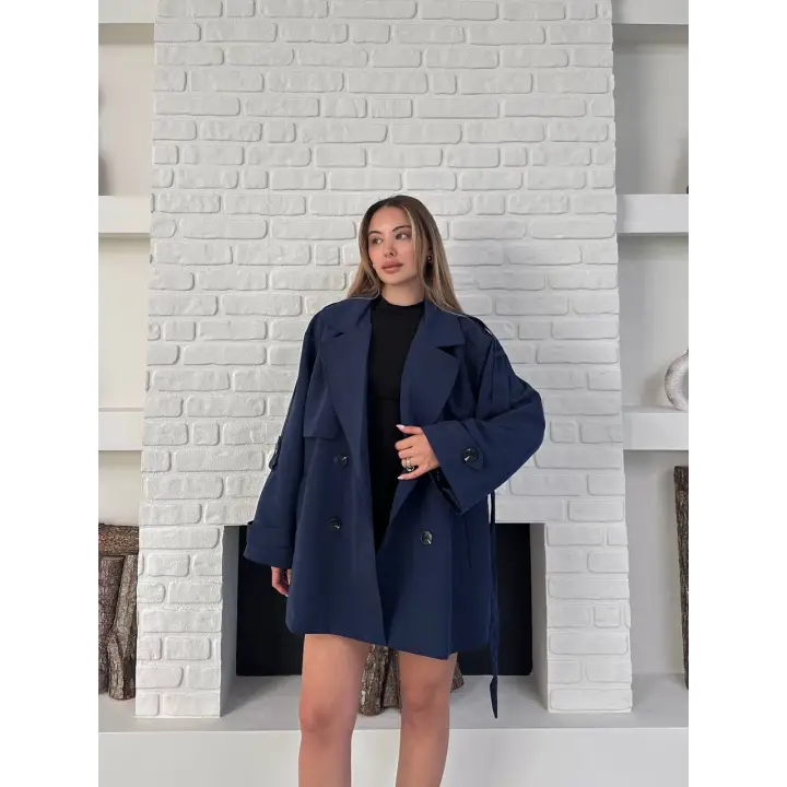 Kısa Rüzgarlık Kuşaklı Kruvaze Trençkot Lacivert