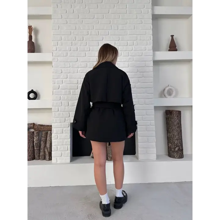 Kısa Rüzgarlık Kuşaklı Kruvaze Trençkot Siyah