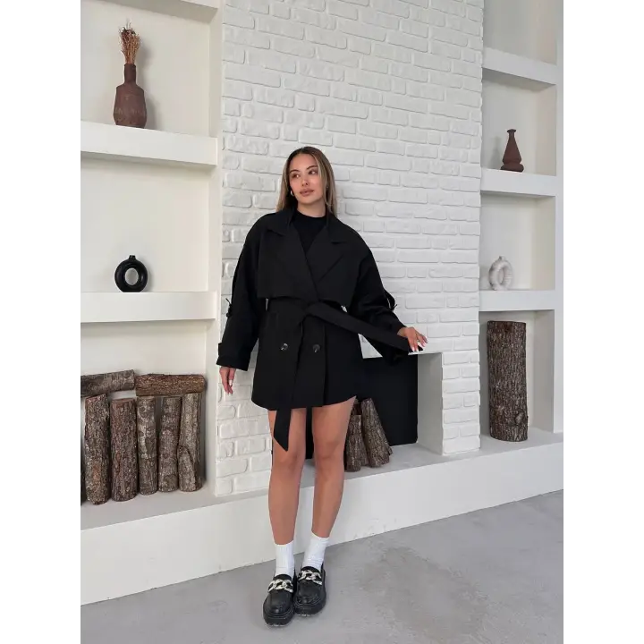 Kısa Rüzgarlık Kuşaklı Kruvaze Trençkot Siyah