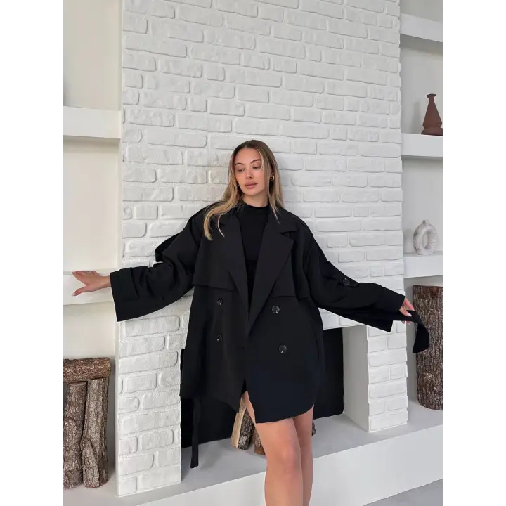 Kısa Rüzgarlık Kuşaklı Kruvaze Trençkot Siyah