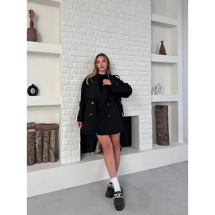 Kısa Rüzgarlık Kuşaklı Kruvaze Trençkot Siyah