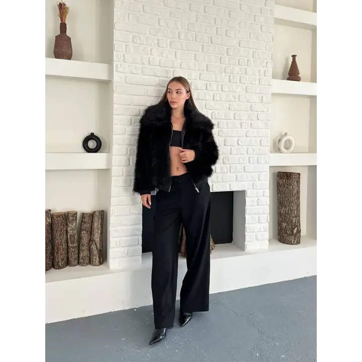 Kol Ribanalı Fermuarlı Kürk Siyah