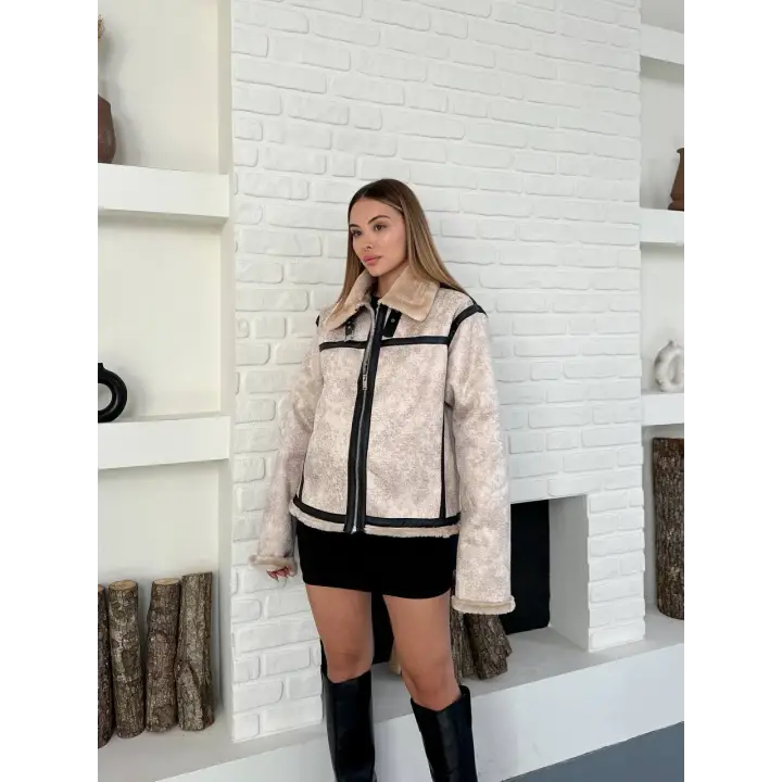 Retro Desen Tay Tüy Peluş Mont Ceket Full Siyah
