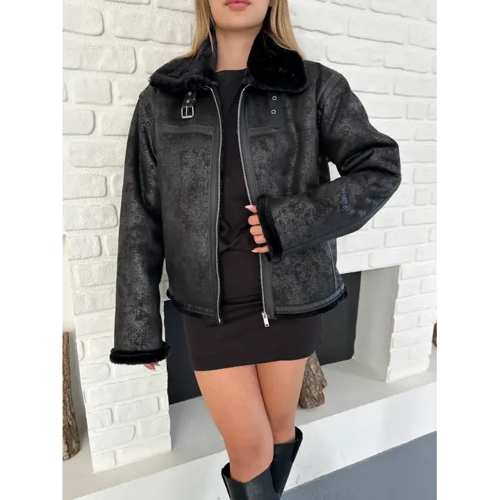 Retro Desen Tay Tüy Peluş Mont Ceket Full Siyah