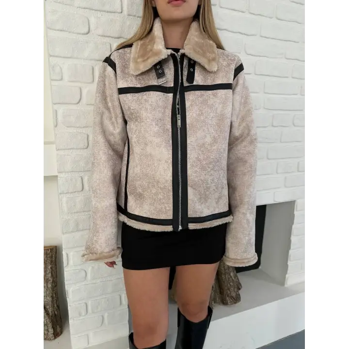 Retro Desen Tay Tüy Peluş Mont Ceket Full Siyah