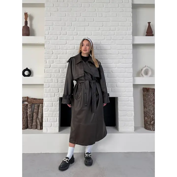 Suni Deri Uzun Kuşaklı Trenç Kahverengi