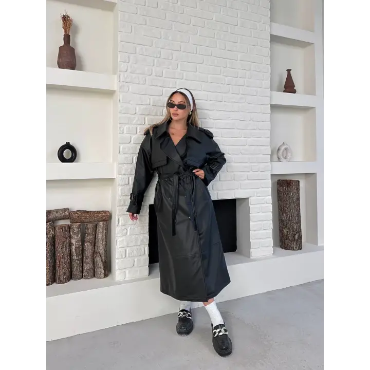 Suni Deri Uzun Kuşaklı Trenç Siyah