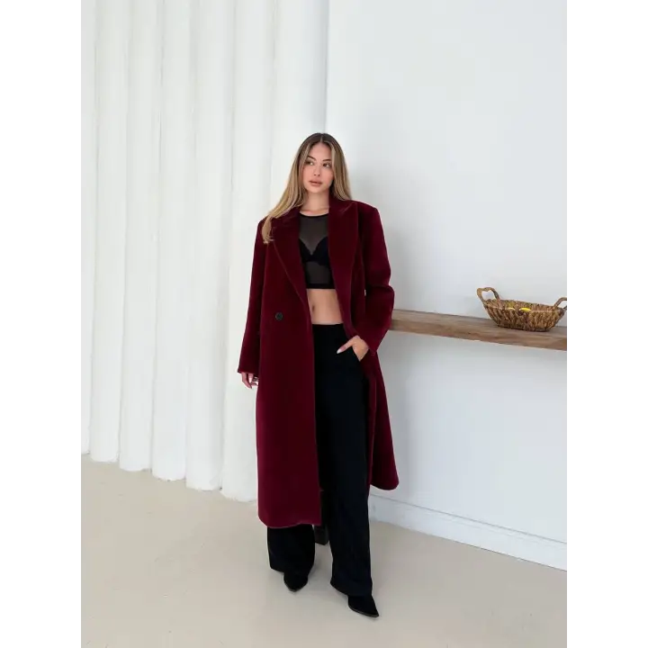 Yumuşak Kaşmir Dokulu Maskülen Maxi Kaban Bordo