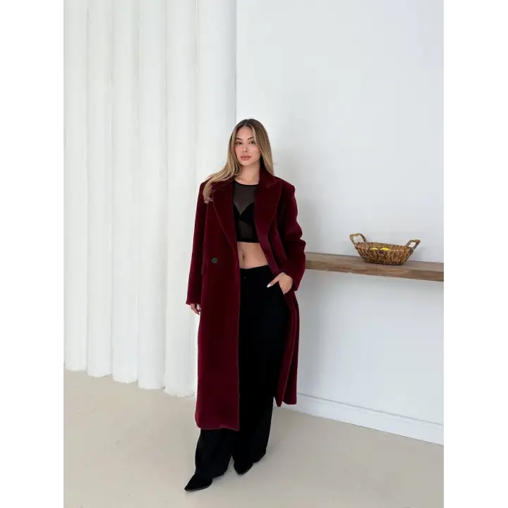 Yumuşak Kaşmir Dokulu Maskülen Maxi Kaban Bordo