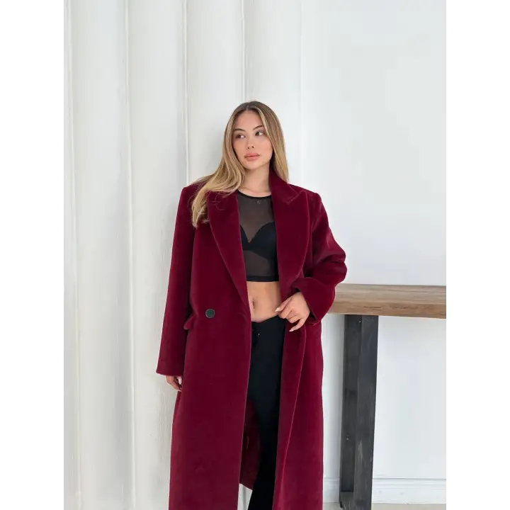 Yumuşak Kaşmir Dokulu Maskülen Maxi Kaban Bordo