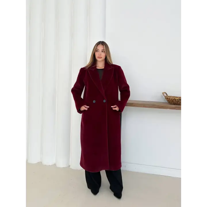 Yumuşak Kaşmir Dokulu Maskülen Maxi Kaban Bordo