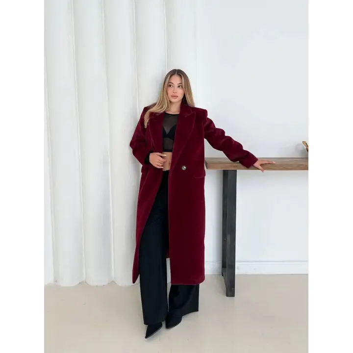 Yumuşak Kaşmir Dokulu Maskülen Maxi Kaban Bordo
